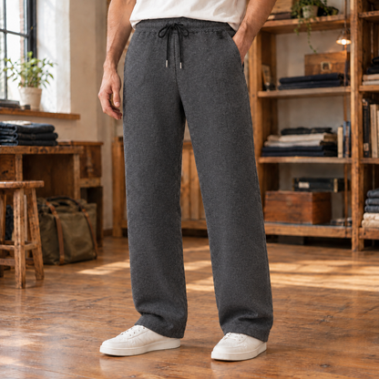 Ethan Herringbone Drawstring Trousers - Smoke Gray, worn, full trousers