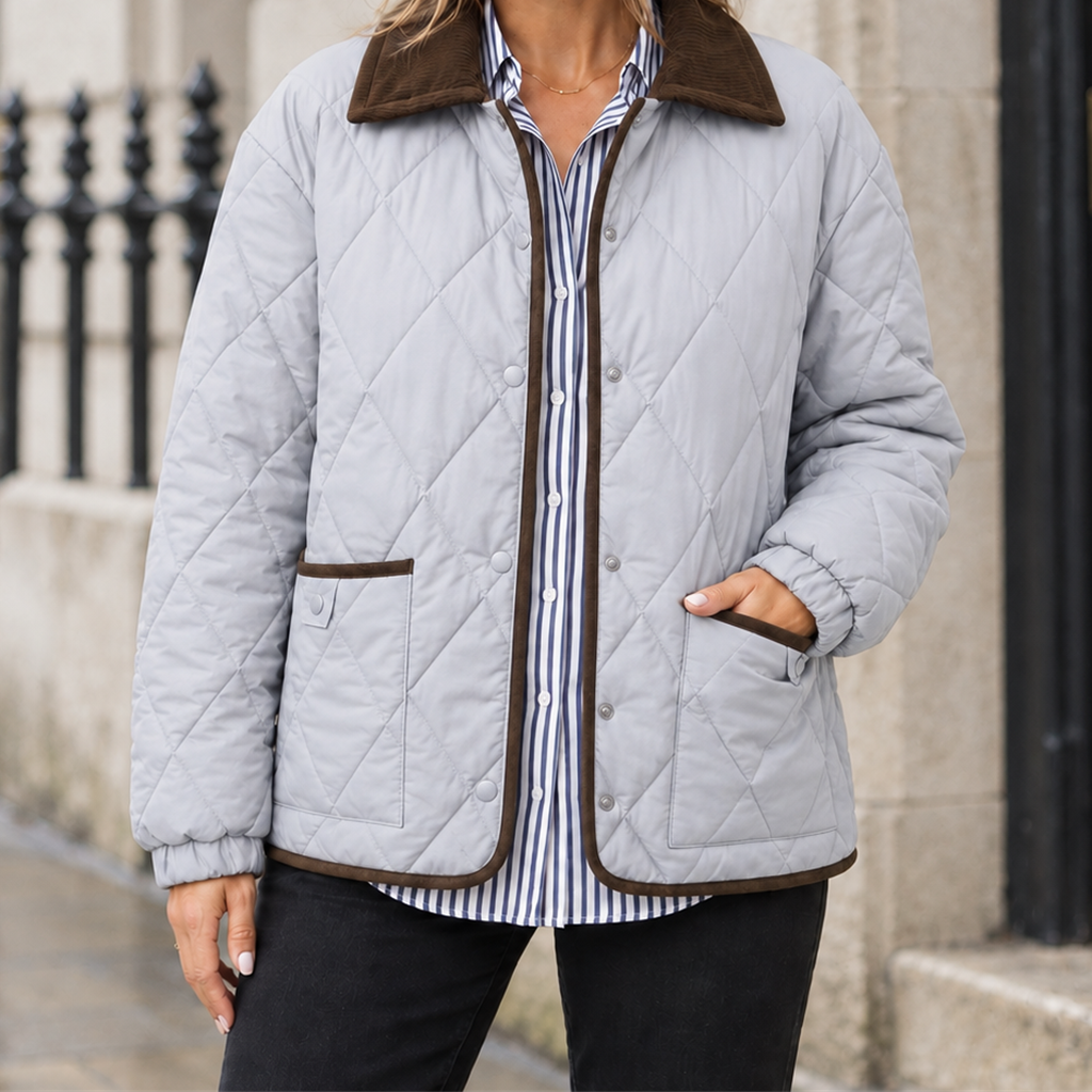 Linnea Corduroy-Collar Quilted Jacket - Gray, worn, full jacket