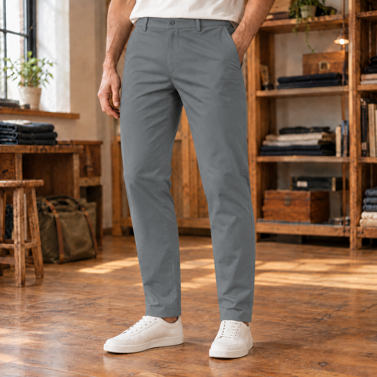 Graham Stretch Slim Chinos - Gray, worn, full trousers