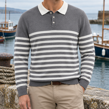 James Contrast-Collar Striped Knit Polo - Gray & White, worn, full polo