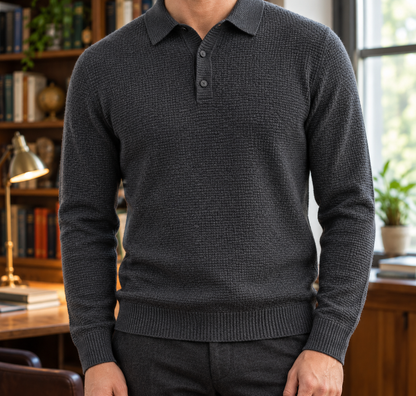 Thomas Basketweave Long-Sleeve Polo - Gray, worn, full polo