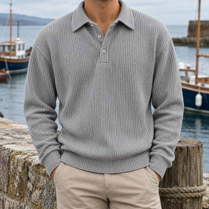 Bradley Ribbed Long-Sleeve Knit Polo - Gray, worn, full polo