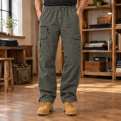 Tucker Cotton Cargo Pants - Gray Green, worn, full pants