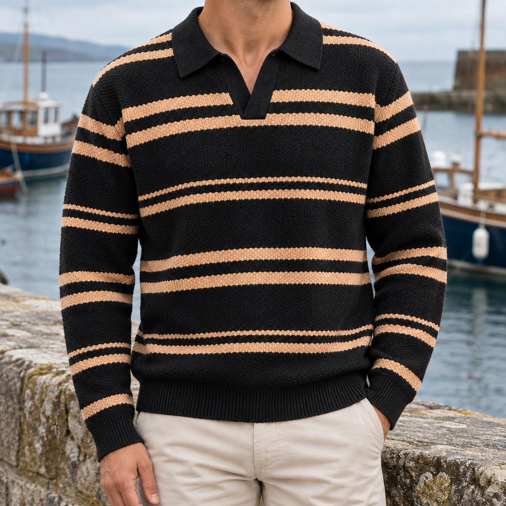 George Striped Knit Polo Sweater - Gray & Orange, worn, full polo