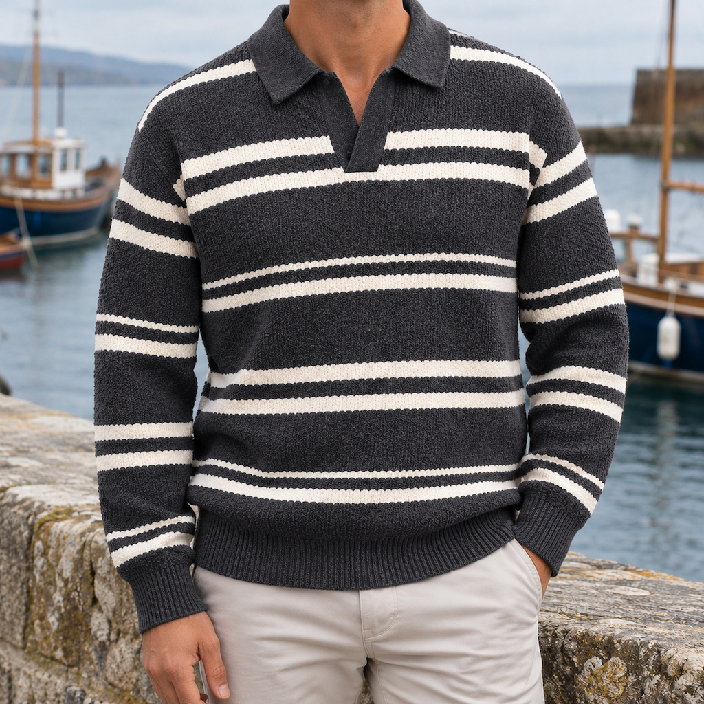 George Striped Knit Polo Sweater - Gray & White, worn, full polo