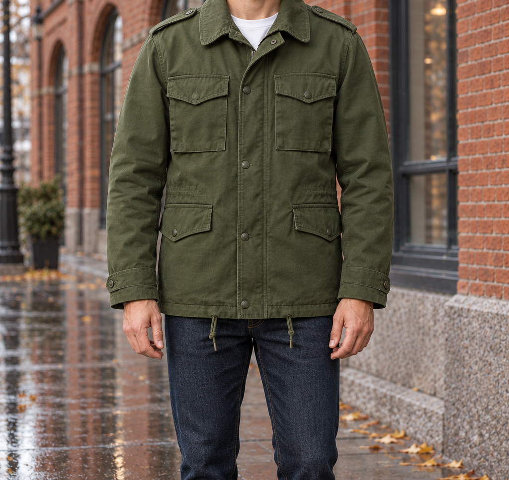 Wyatt Brushed Cotton Field Jacket - Army Green, worn, full jacket