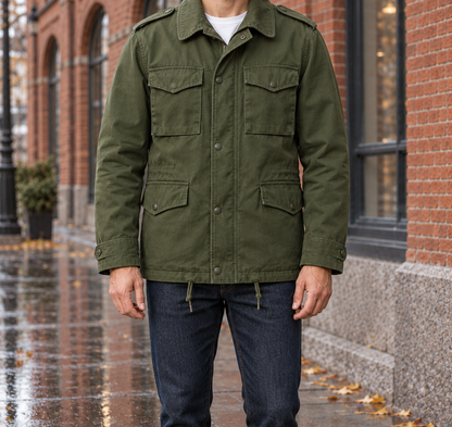 Wyatt Brushed Cotton Field Jacket - Army Green, worn, full jacket