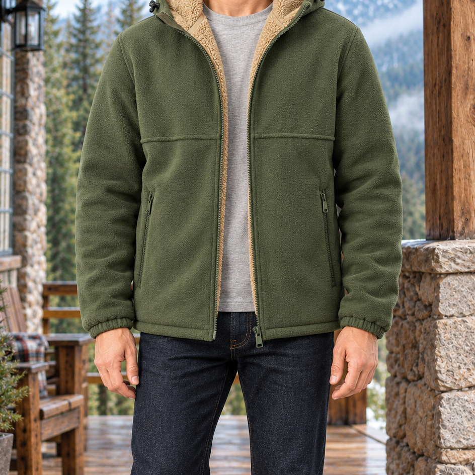 Brody Sherpa-Lined Hooded Fleece Jacket - Military Green, worn