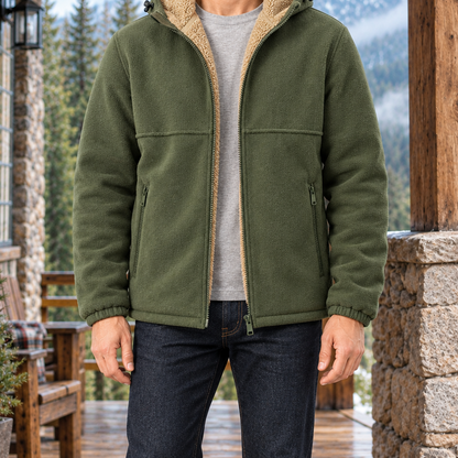 Brody Sherpa-Lined Hooded Fleece Jacket - Military Green, worn