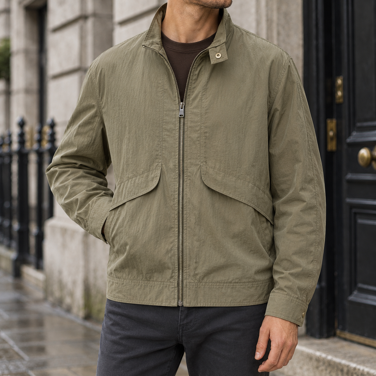 Ashby Nylon Stand-Collar Jacket — Sage Green, worn, full jacket