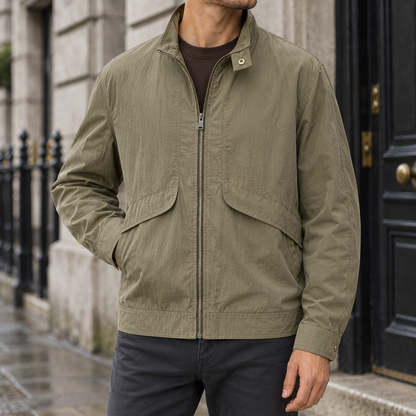 Ashby Nylon Stand-Collar Jacket — Sage Green, worn, full jacket