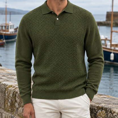 Grant Braided-Knit Long-Sleeve Polo - Green, worn