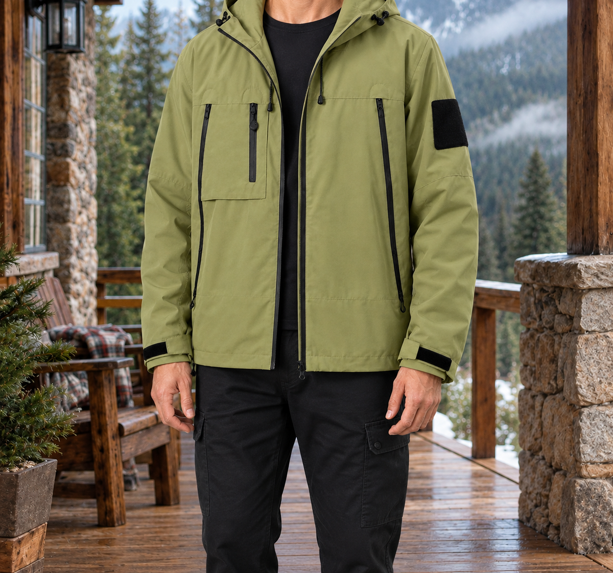 Hunter Hooded Utility Jacket - Green, worn