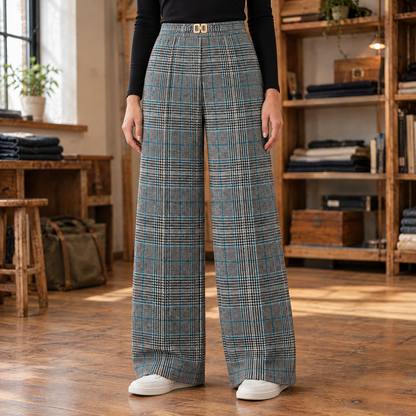 Emily Glen-Plaid Wide-Leg Trousers - Malachite Green, worn, full trousers