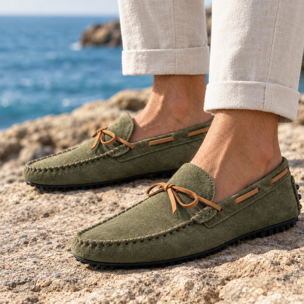 Spencer Suede Driving Moccasins - Green, worn pair