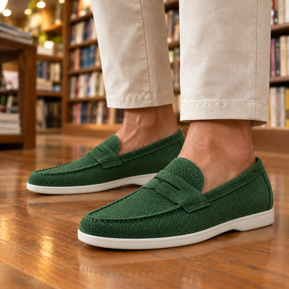 Grant Perforated Suede Penny Loafers - Green, worn pair
