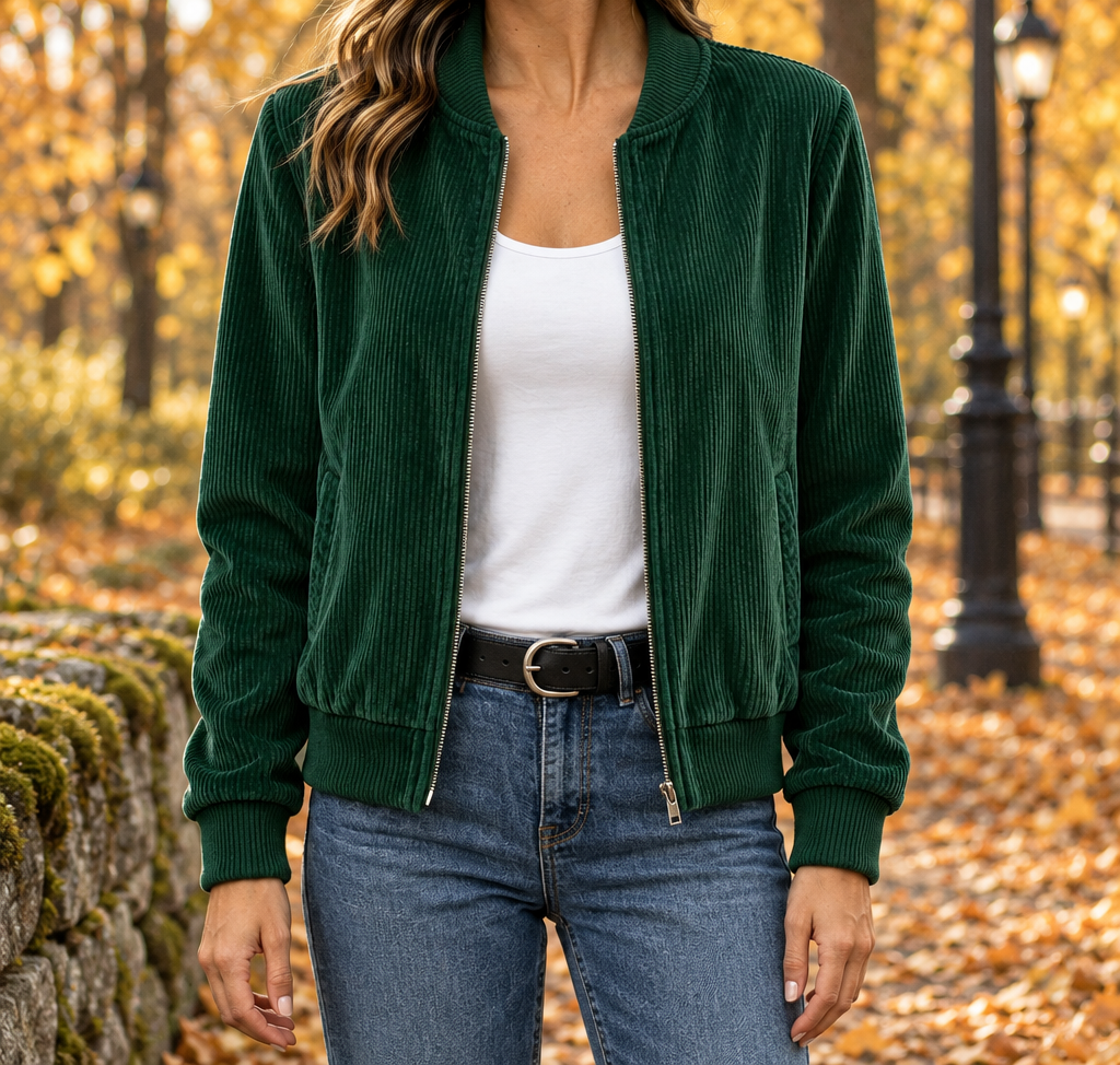Kayla Corduroy Zip Bomber Jacket - Dark Green, worn, full jacket