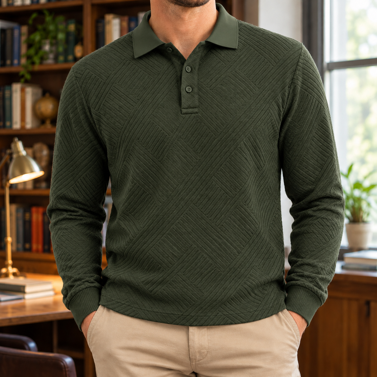 Edward Lattice Jacquard Long-Sleeve Polo - Army Green, worn, full polo