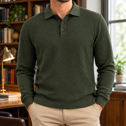 Edward Lattice Jacquard Long-Sleeve Polo - Army Green, worn, full polo