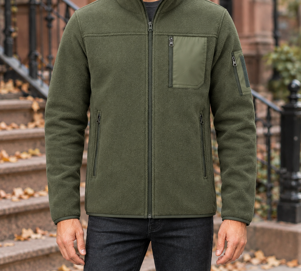 Ross Utility Fleece Zip Jacket - Fern Green, worn, full jacket
