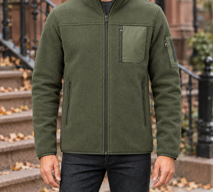 Ross Utility Fleece Zip Jacket - Fern Green, worn, full jacket