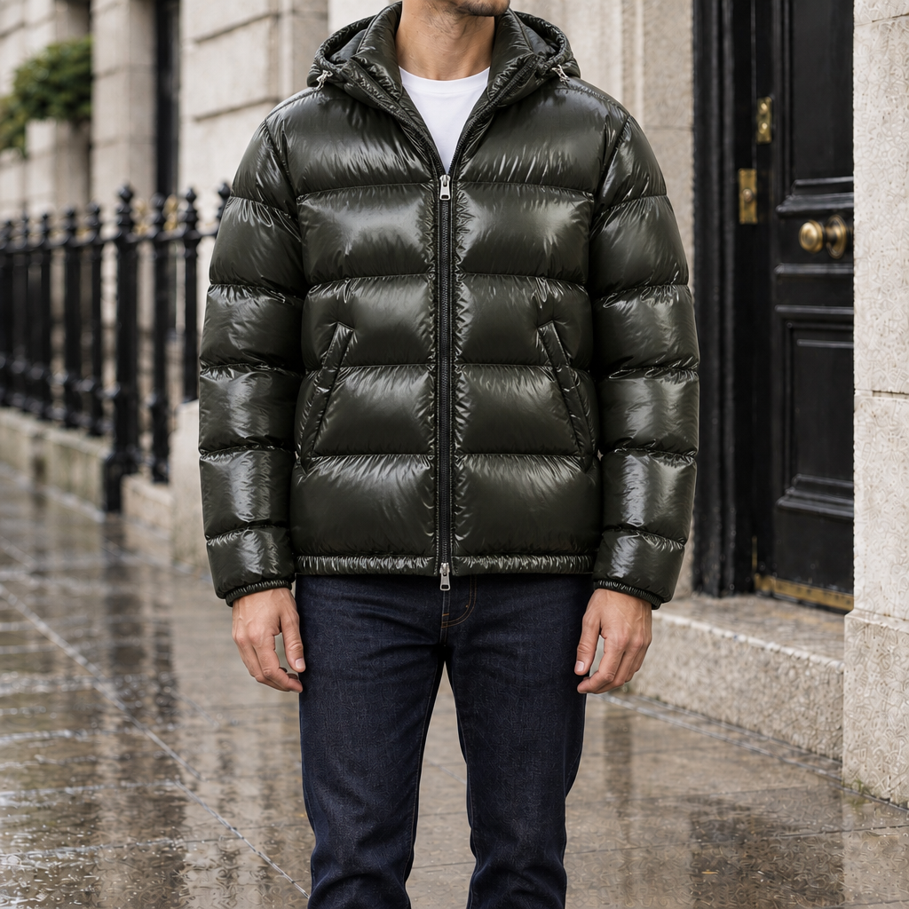 Blake Glossy Hooded Puffer Jacket - Dark Green, worn, full jacket