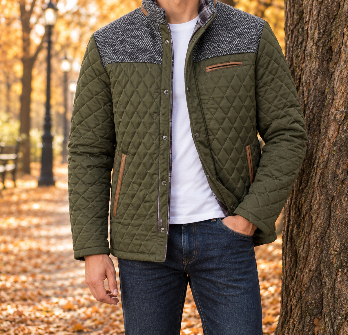 Marshall Knit-Yoke Quilted Jacket - Army Green, worn