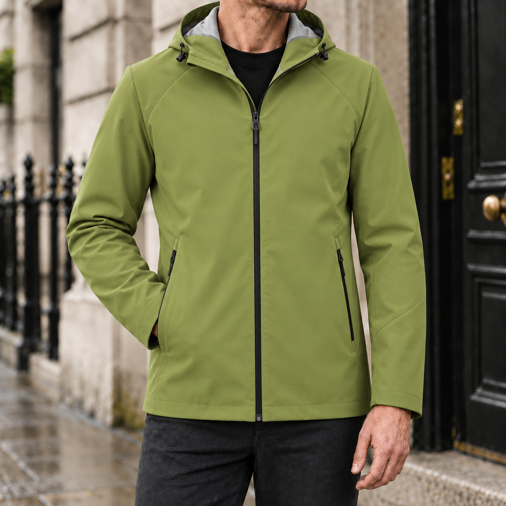 Weston Hooded Rain Jacket - Moss Green, worn, full jacket