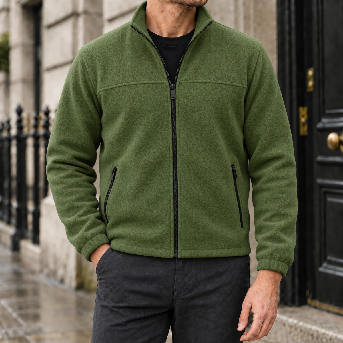 Elliot Polar Fleece Zip Jacket - Army Green, worn, full jacket