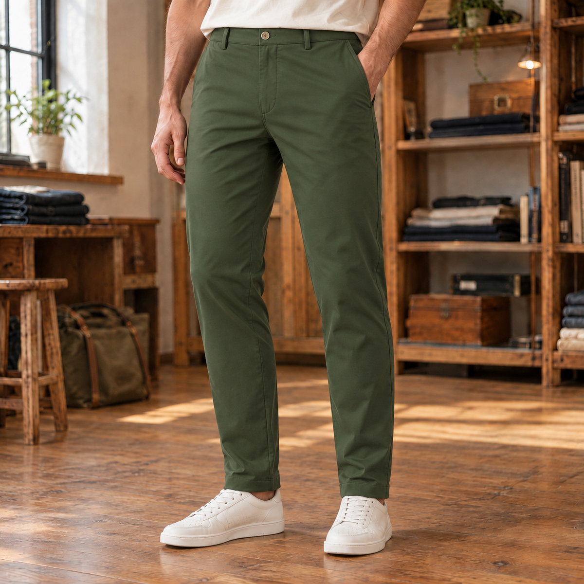 Graham Stretch Slim Chinos - Olive, worn, full trousers