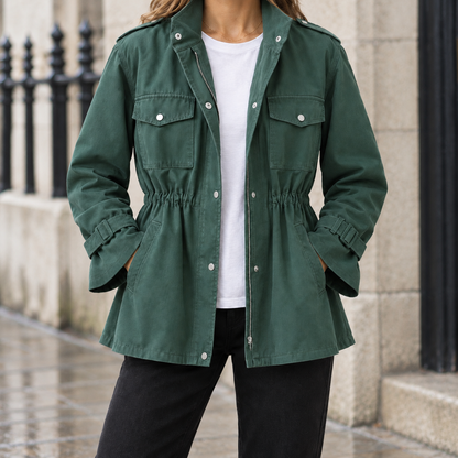 Sabine Drawstring-Waist Utility Jacket — Green, worn, full jacket