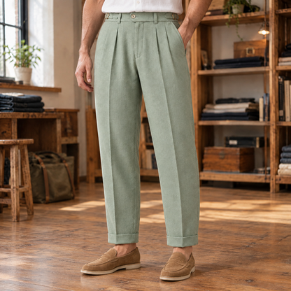 Wexford Pleated Side-Buckle Trousers - Green, worn, full trousers