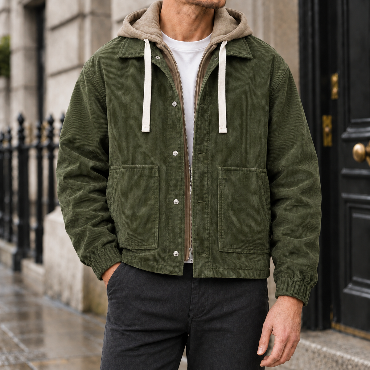 Tyler Layered-Hood Corduroy Jacket - Green, worn, full jacket