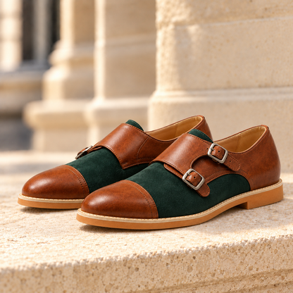 Spencer Two-Tone Double Monk Shoes - Tan & Green, full pair