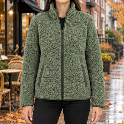 Ellie Piped Teddy Zip Jacket - Green, worn, full jacket