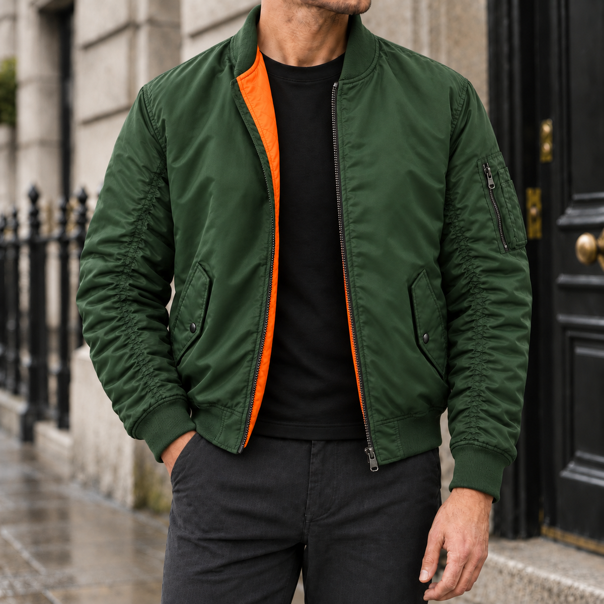 Reid Quilt-Lined Bomber Jacket - Military Green, worn, full jacket