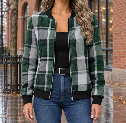 Molly Plaid Zip Bomber Jacket - Green, worn, full jacket