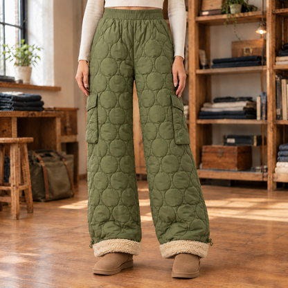 Ivy Quilted Fleece-Lined Cargo Pants - Olive Green, worn, full pants
