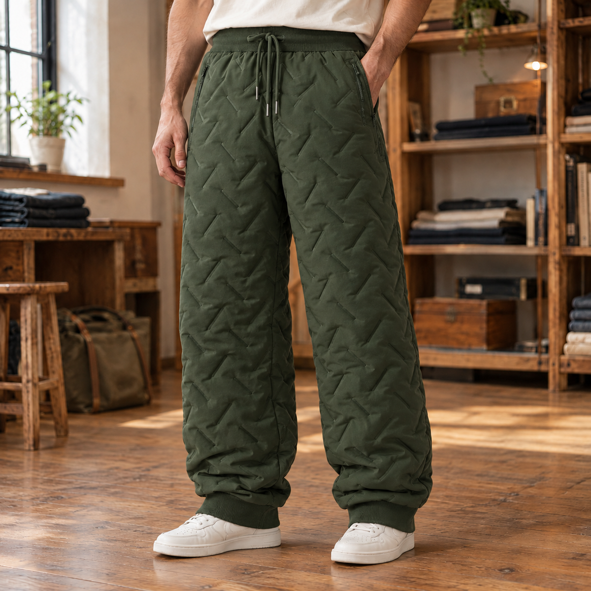 Dylan Quilted Sherpa-Lined Joggers - Army Green, worn, full pants