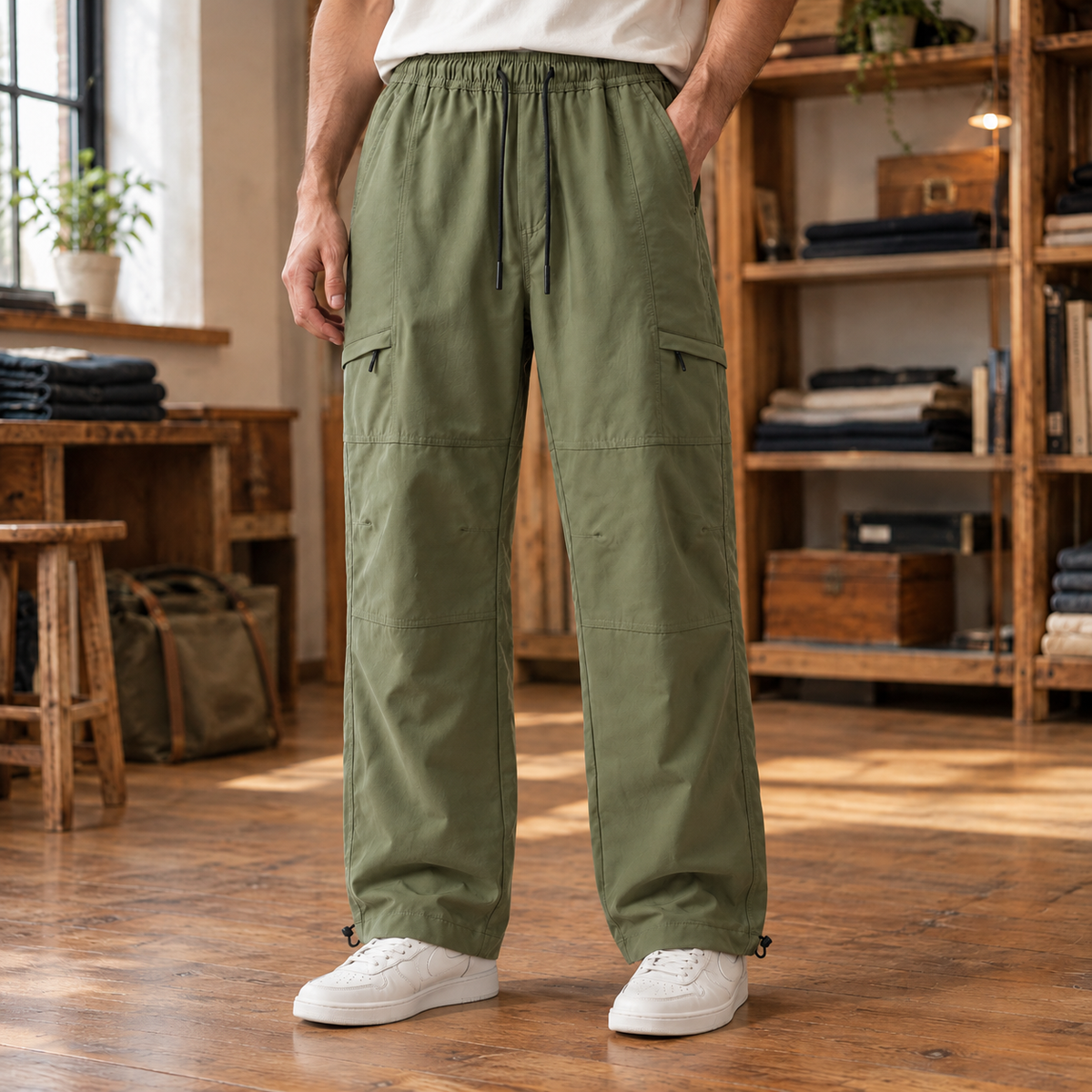 Nolan Zip-Pocket Cargo Pants - Army Green, worn, full length