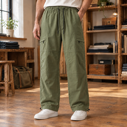 Nolan Zip-Pocket Cargo Pants - Army Green, worn, full length