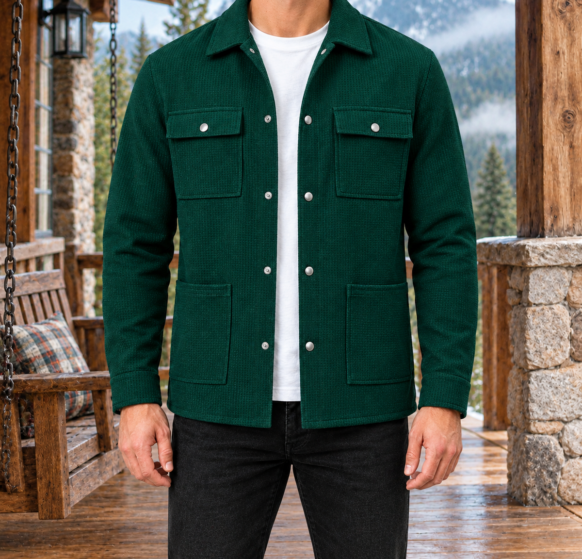 Jason Waffle-Texture Shirt Jacket - Dark Green, worn, full jacket