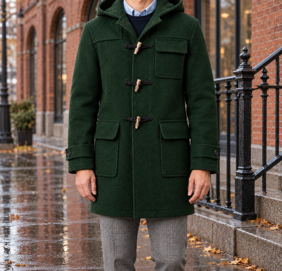 Hudson Hooded Toggle Duffle Coat - Forest Green, worn, full coat