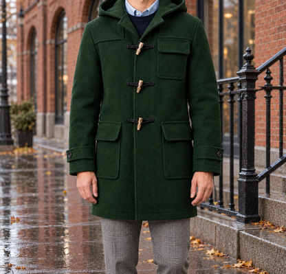 Hudson Hooded Toggle Duffle Coat - Forest Green, worn, full coat