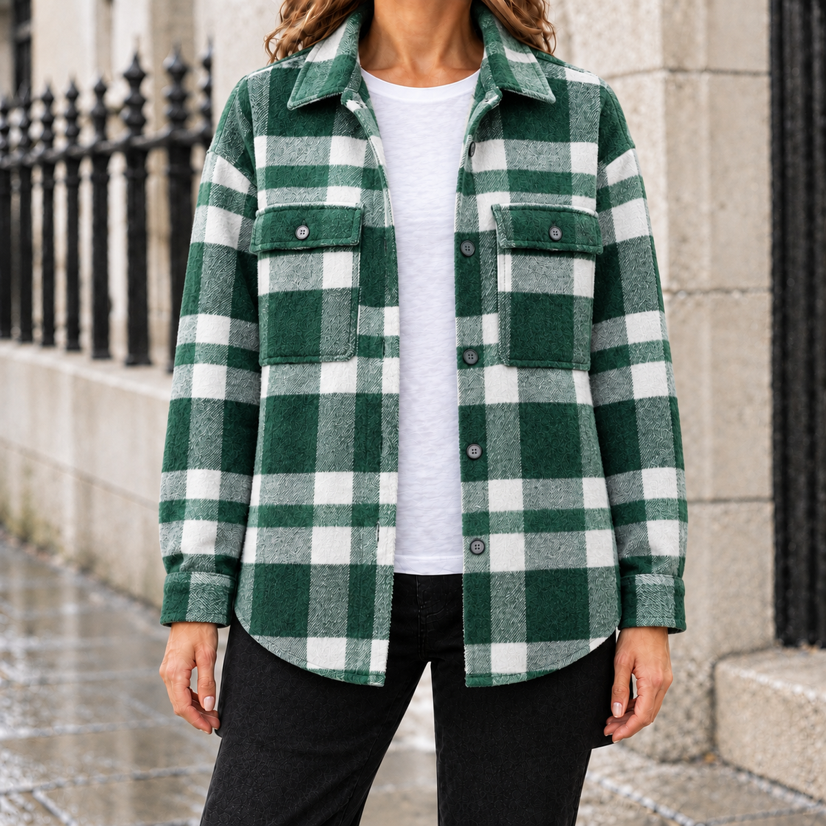 Lily Brushed Plaid Shirt Jacket - Green, worn, full jacket