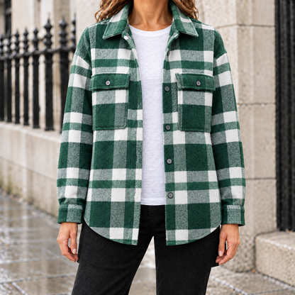 Lily Brushed Plaid Shirt Jacket - Green, worn, full jacket