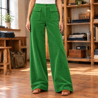 Kate Flap-Pocket Corduroy Wide-Leg Pants - Green, worn, full pants