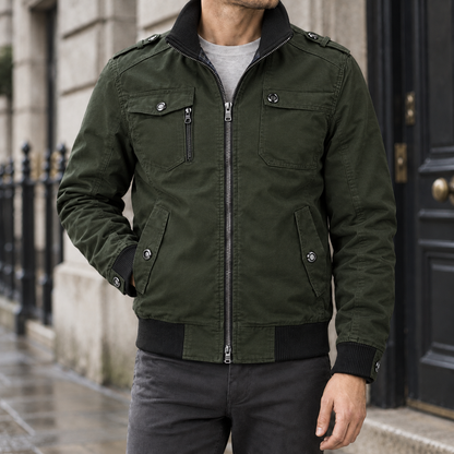 Corvin Cotton Military Jacket — Green, worn, full jacket