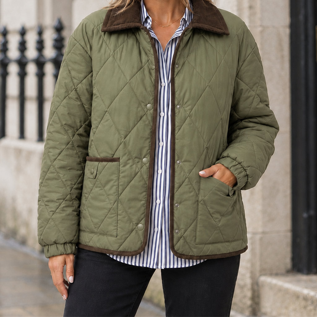 Linnea Corduroy-Collar Quilted Jacket - Green, worn, full jacket