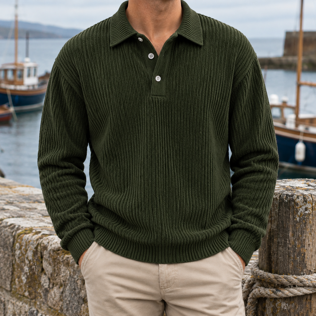 Bradley Ribbed Long-Sleeve Knit Polo - Green, worn, full polo